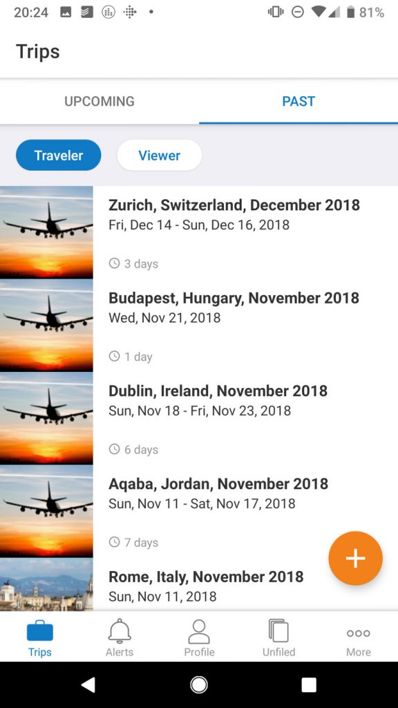 Trips list in TripIt Pro App For Mobile Phone