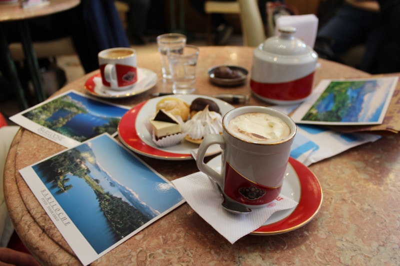 coffee and postcards in Bariloche cafe