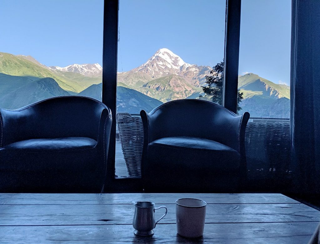 early moarning coffee at Rooms hotel Kazbegi with Mt Kazbek in the background