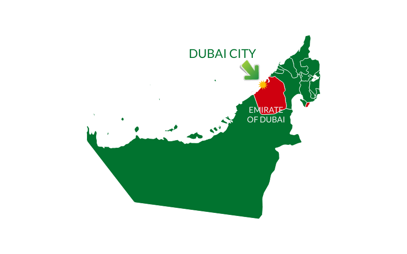 Map of Dubai State and Dubai City in the UAE