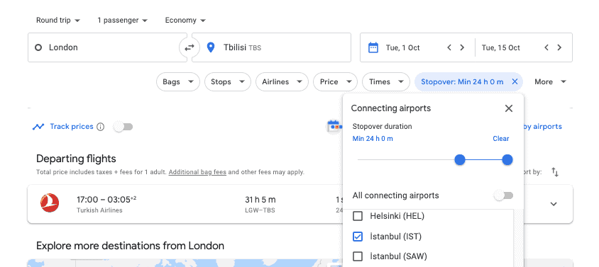 How to find flights with layovers in Google Flights