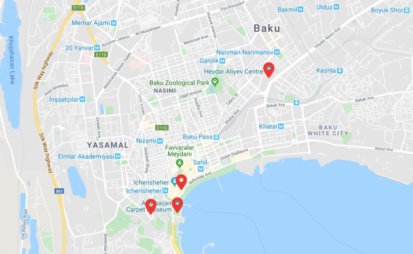 map of Baku showing important markers