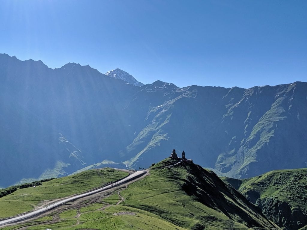 gergeti church view from hiking trail