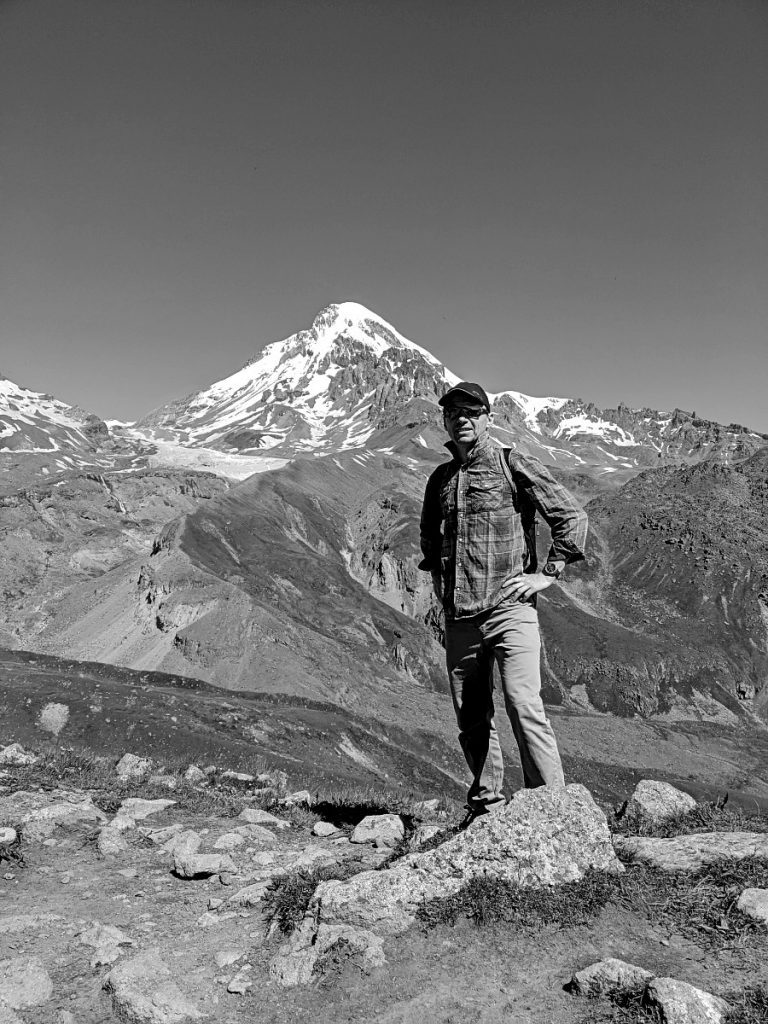 hiking in Kazbegi with Mt Kazbek in background