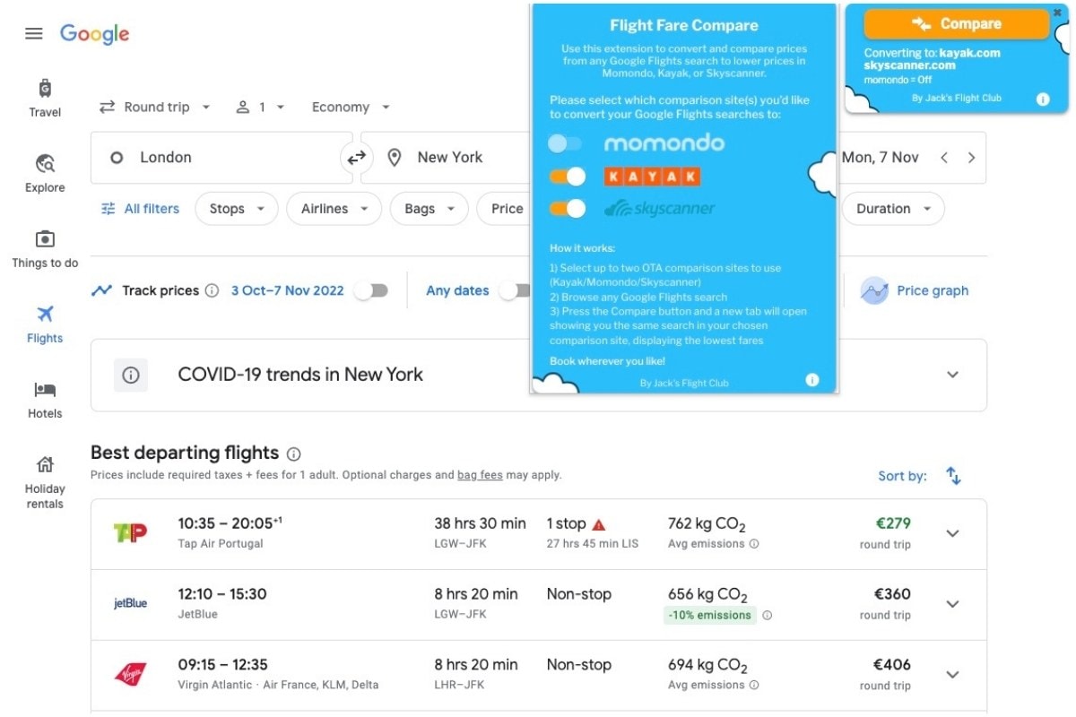 flight compare chrome extension for travel hacking