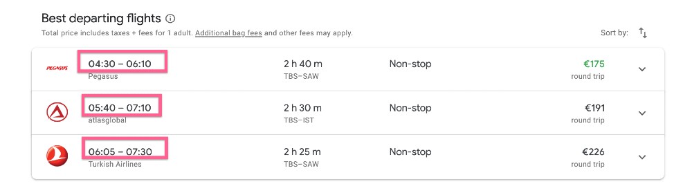 Google flights from Tbilisi to Istanbul