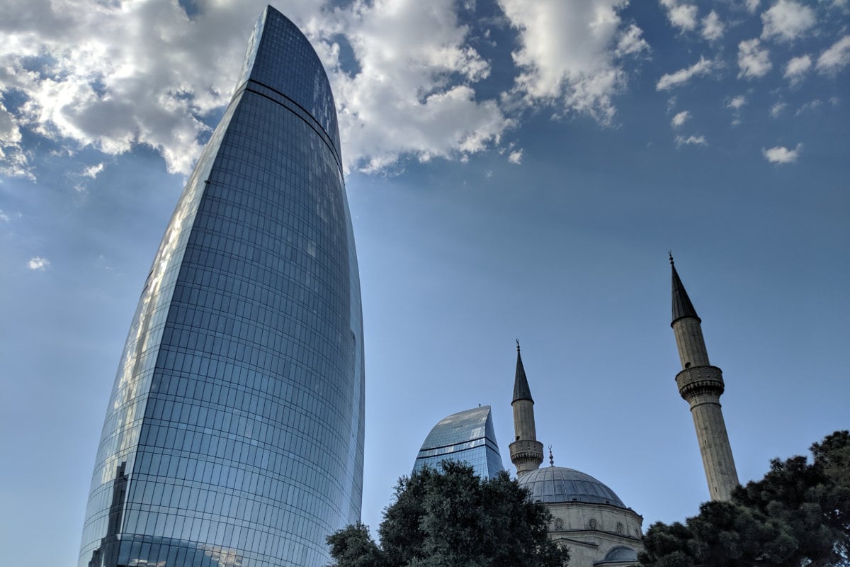 Baku flame tower and mosque