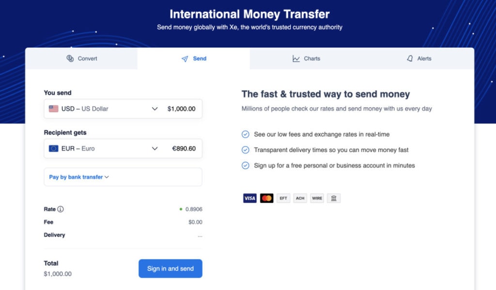 xe international money transfer service