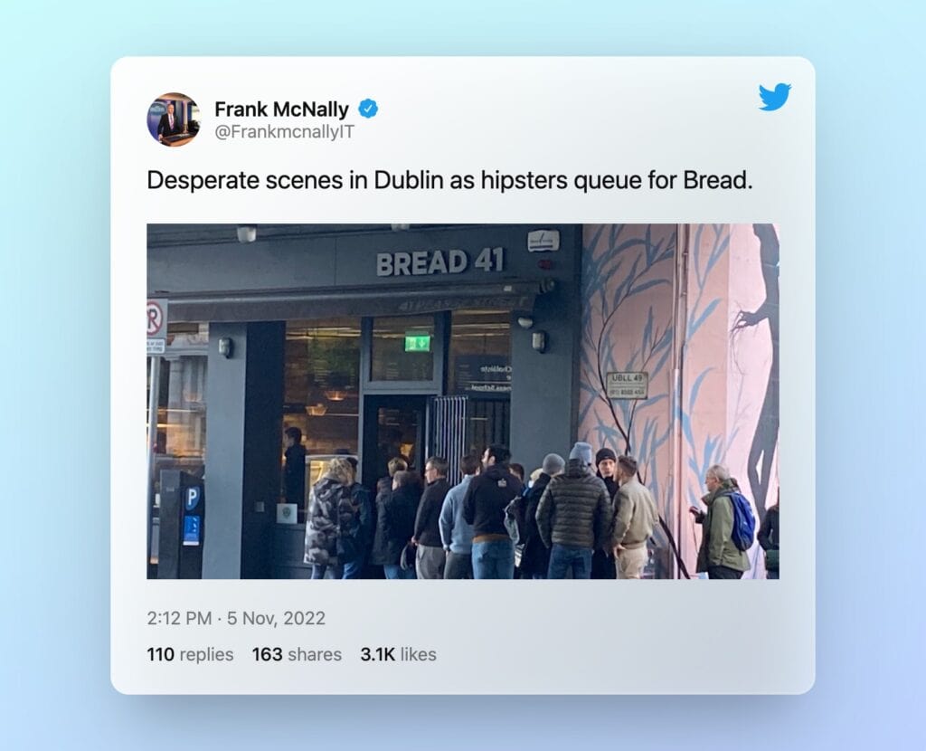tweet by frank mcnally about bread 41 bakery dublin